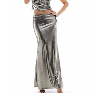 Wild Fable Y2K Style Silver Metallic Glam Trumpet Maxi Skirt A-Line Size XXS